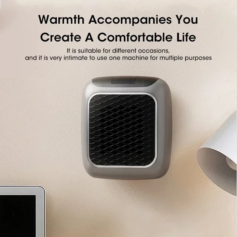 Small gray machine on a beige surface with text about warmth and comfort.