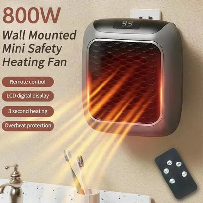 800W wall-mounted mini safety heating fan with remote control and digital display on a beige background.